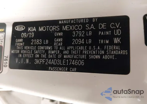 2020 Kia Forte Fe z USA, uszkodzony, nr VIN 3KPF24AD3LE174606